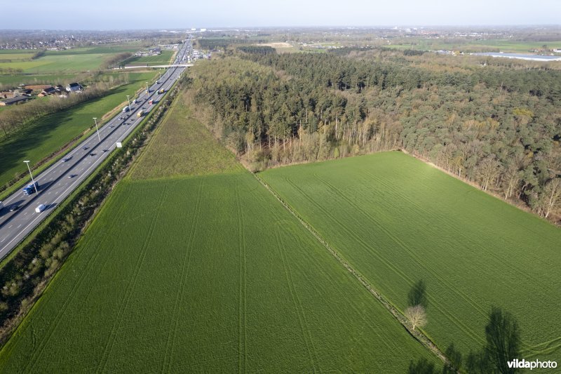 luchtfoto van het Provinciaal natuurdomein Hospicebossen langs de snelweg E17