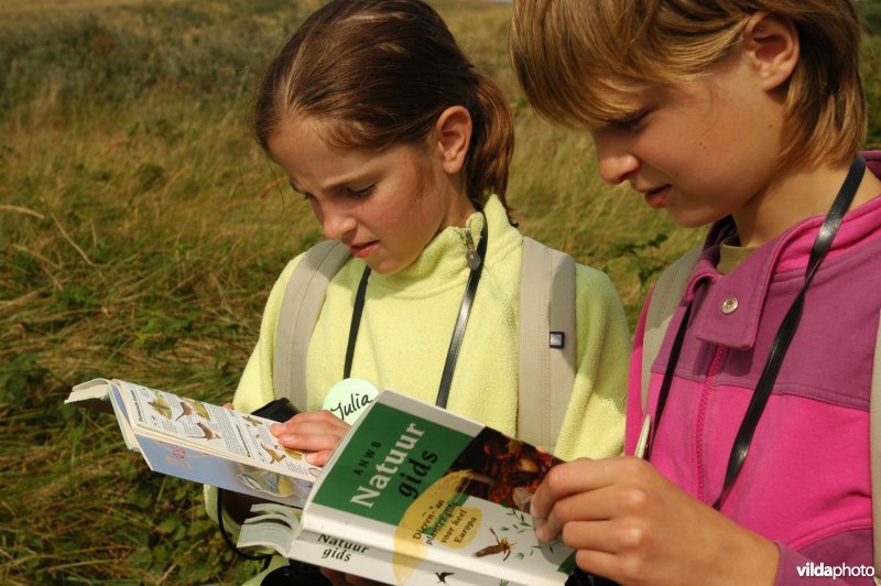 Kinderen bladeren in natuurgids