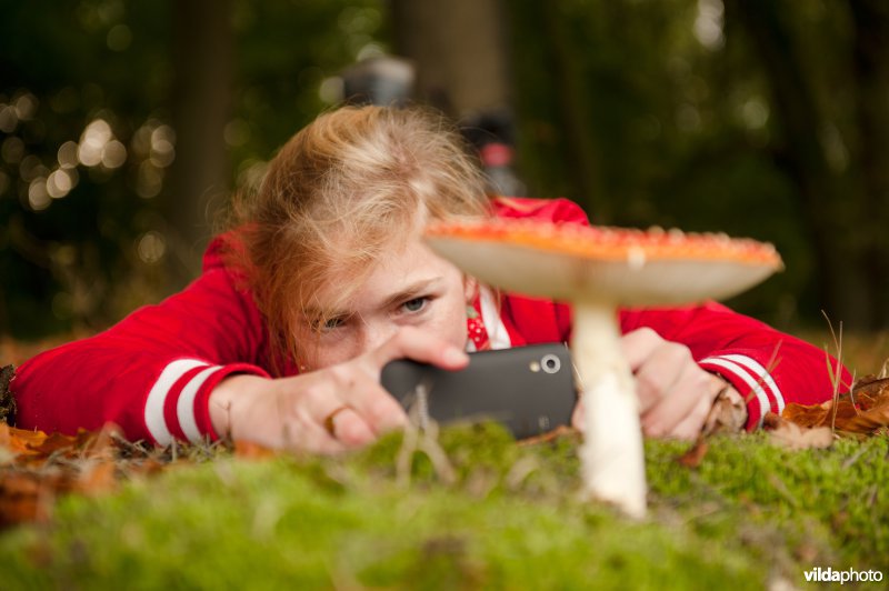 Meisje fotografeert vliegenzwam